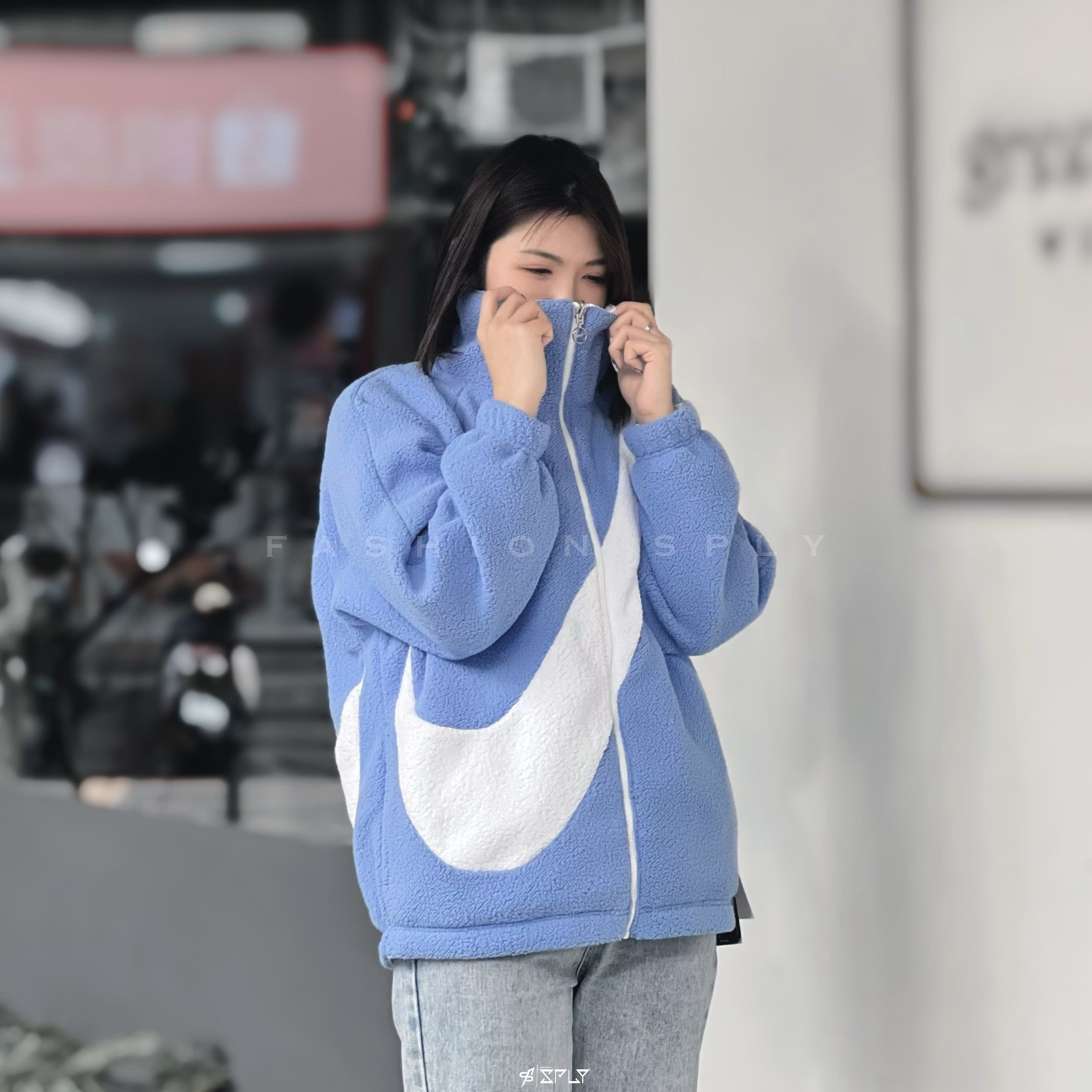 W Nike Swoosh LOGO 白藍大勾 搖粒絨 雙面穿 DC5138-414