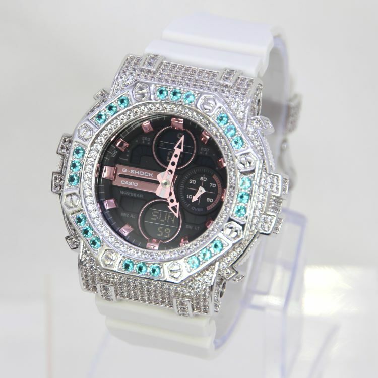 銀色 Mini-G 改裝手錶 GMA-S140M-7A - 碧藍八角雙圈