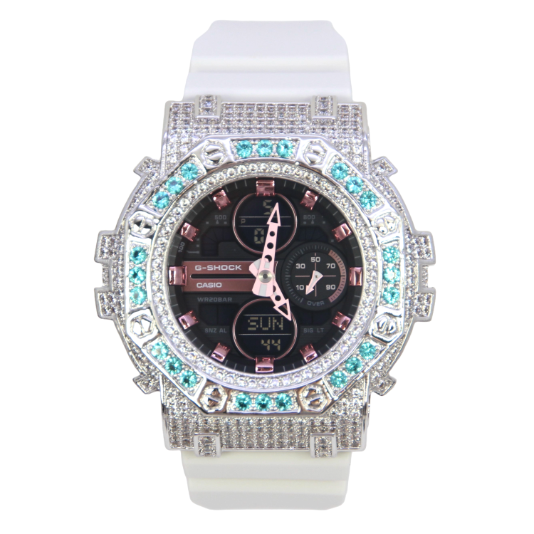 銀色 Mini-G 改裝手錶 GMA-S140M-7A - 碧藍八角雙圈