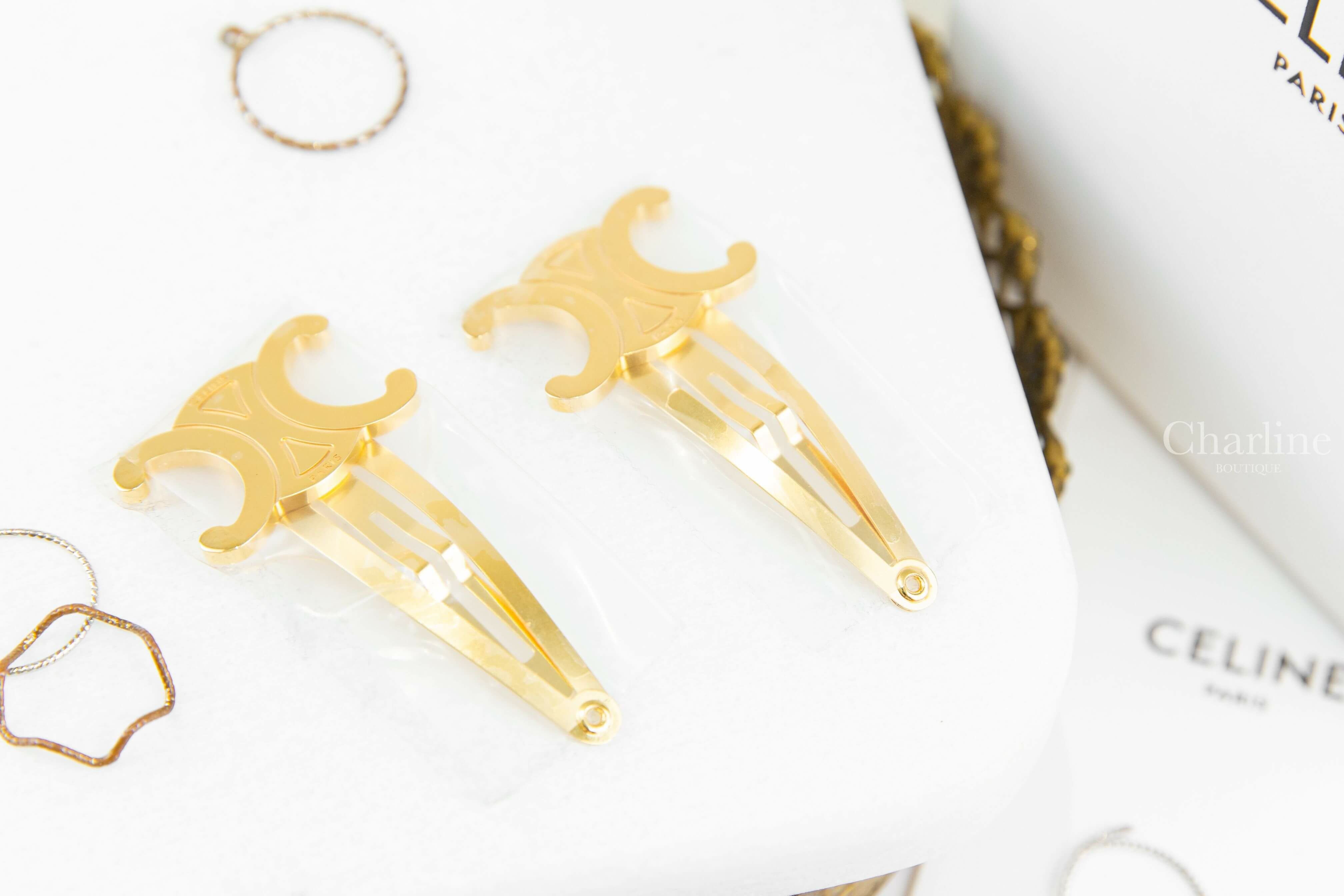 Celine Hair Accessories Set Of 2 Triomphe Snap Hair Clips In Brass With Gold Finish And Steel 金色凱旋門髮夾-Charline Boutique精品代購