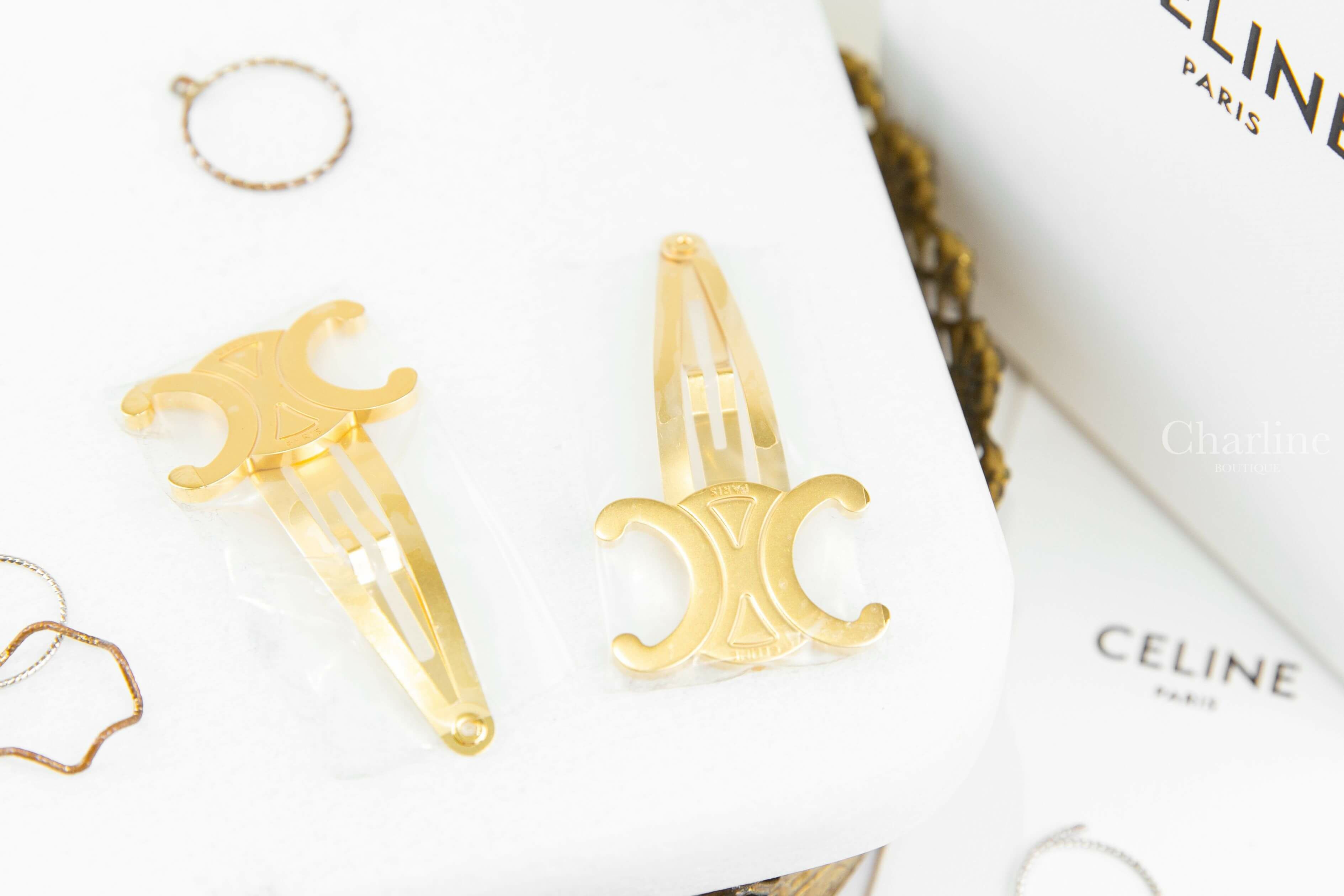 Celine Hair Accessories Set Of 2 Triomphe Snap Hair Clips In Brass With Gold Finish And Steel 金色凱旋門髮夾-Charline Boutique精品代購