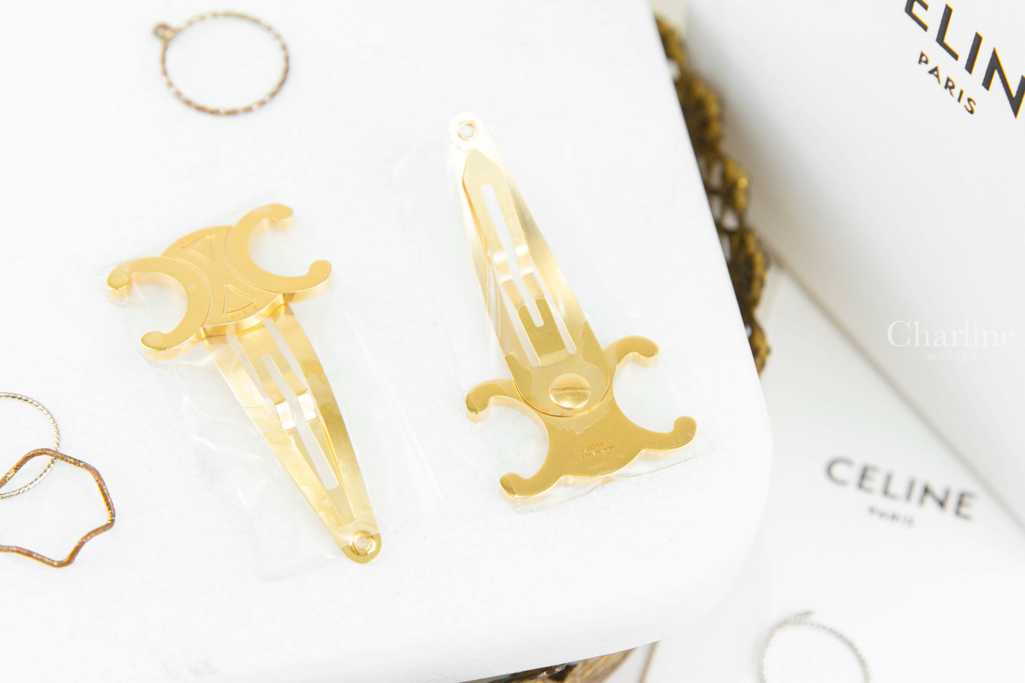 Celine Hair Accessories Set Of 2 Triomphe Snap Hair Clips In Brass With Gold Finish And Steel 金色凱旋門髮夾-Charline Boutique精品代購