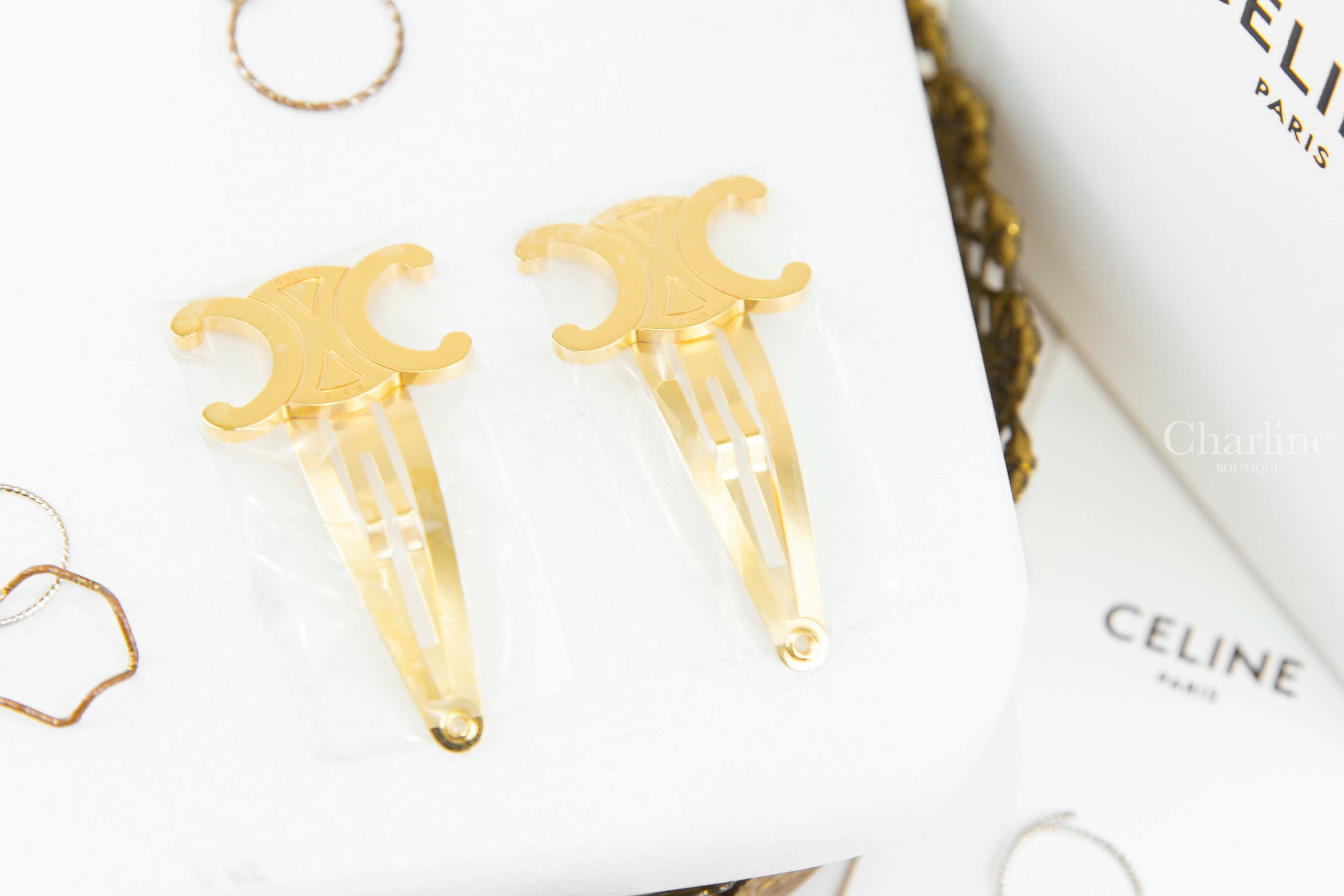 Celine Hair Accessories Set Of 2 Triomphe Snap Hair Clips In Brass With Gold Finish And Steel 金色凱旋門髮夾-Charline Boutique精品代購