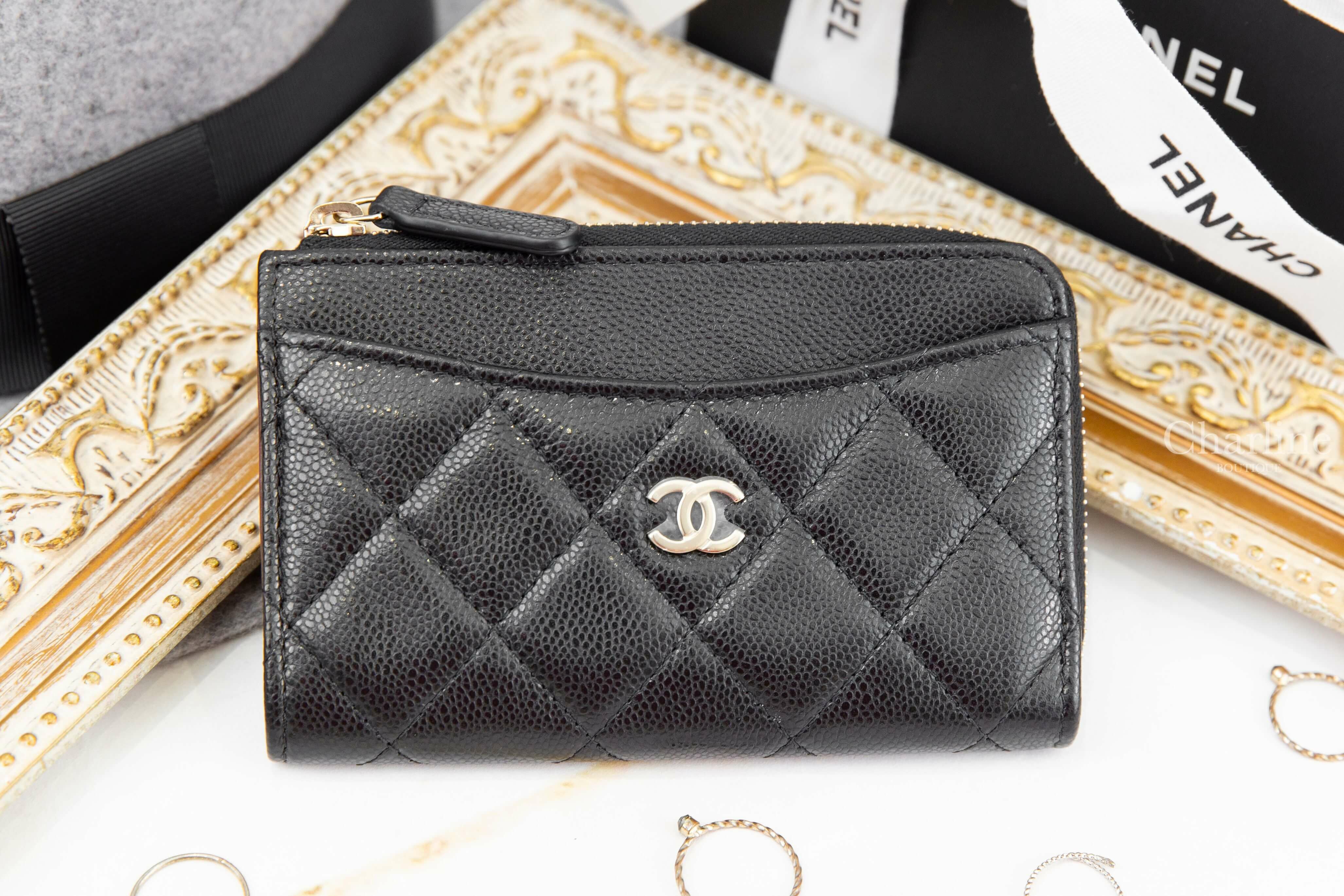 Chanel Card Holder 黑色金CC酒紅內裡菱格紋小羊皮卡片拉鍊零錢夾-Charline Boutique精品代購