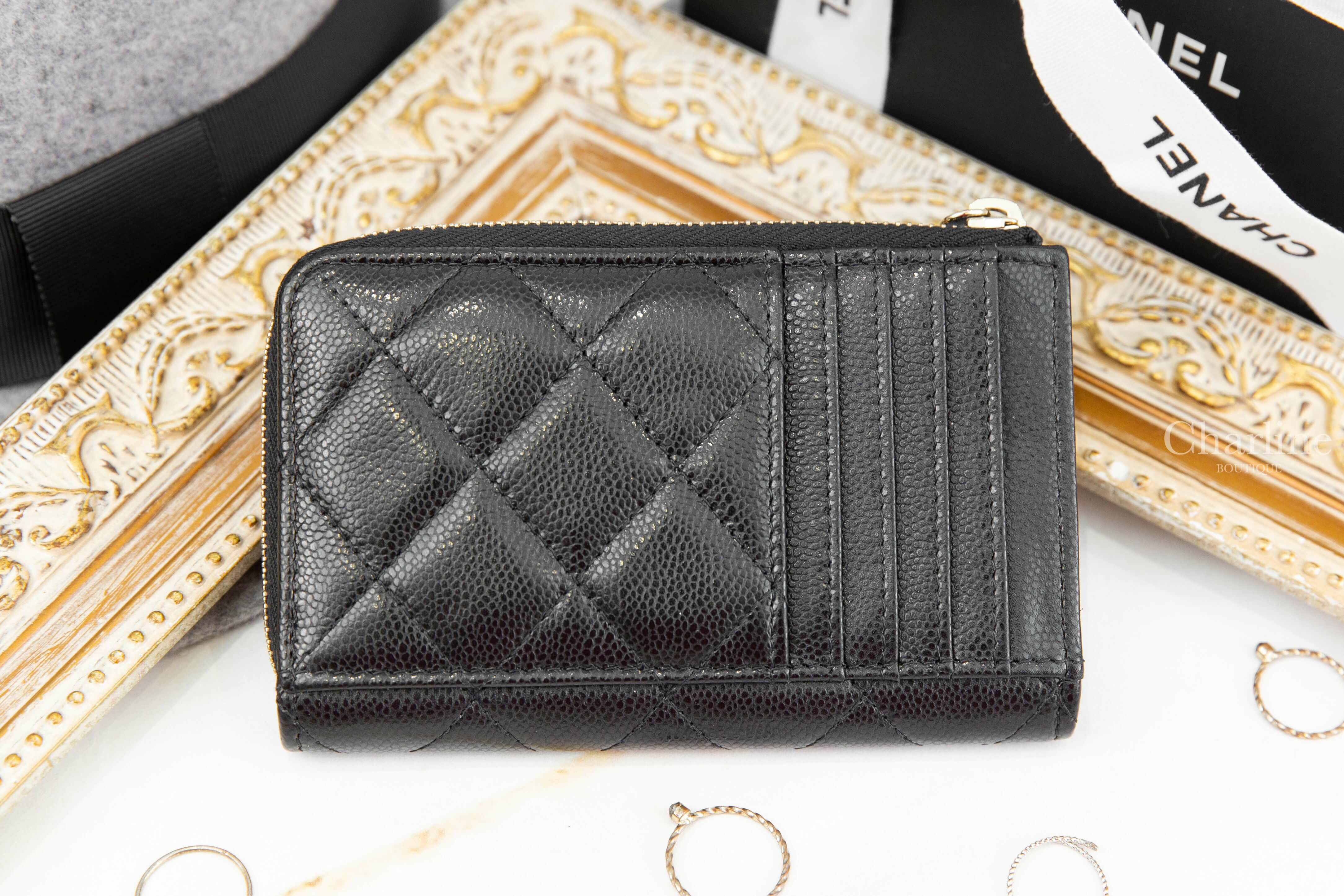Chanel Card Holder 黑色金CC酒紅內裡菱格紋小羊皮卡片拉鍊零錢夾-Charline Boutique精品代購