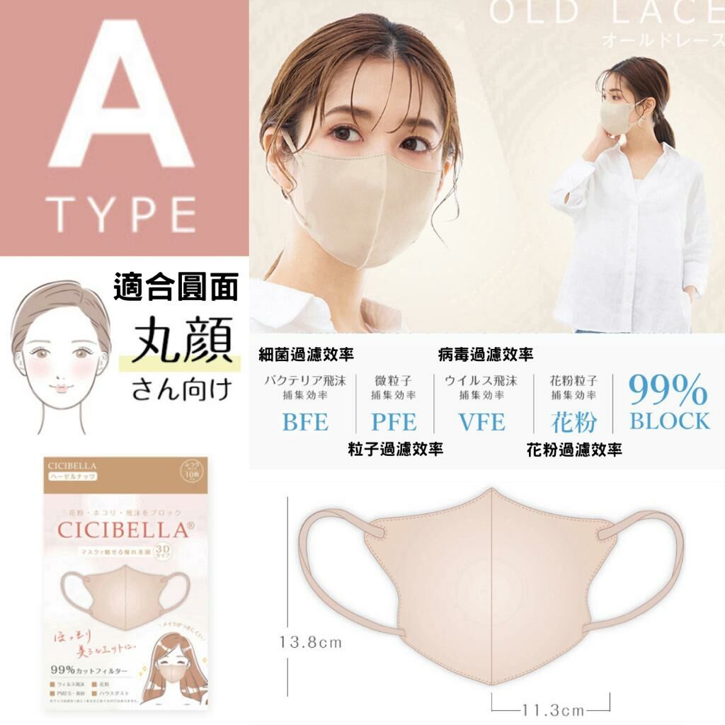 CICIBELLA - 日本超人氣口罩 CICIBELLA 3D 小顏立體口罩 10個裝 (Type A)