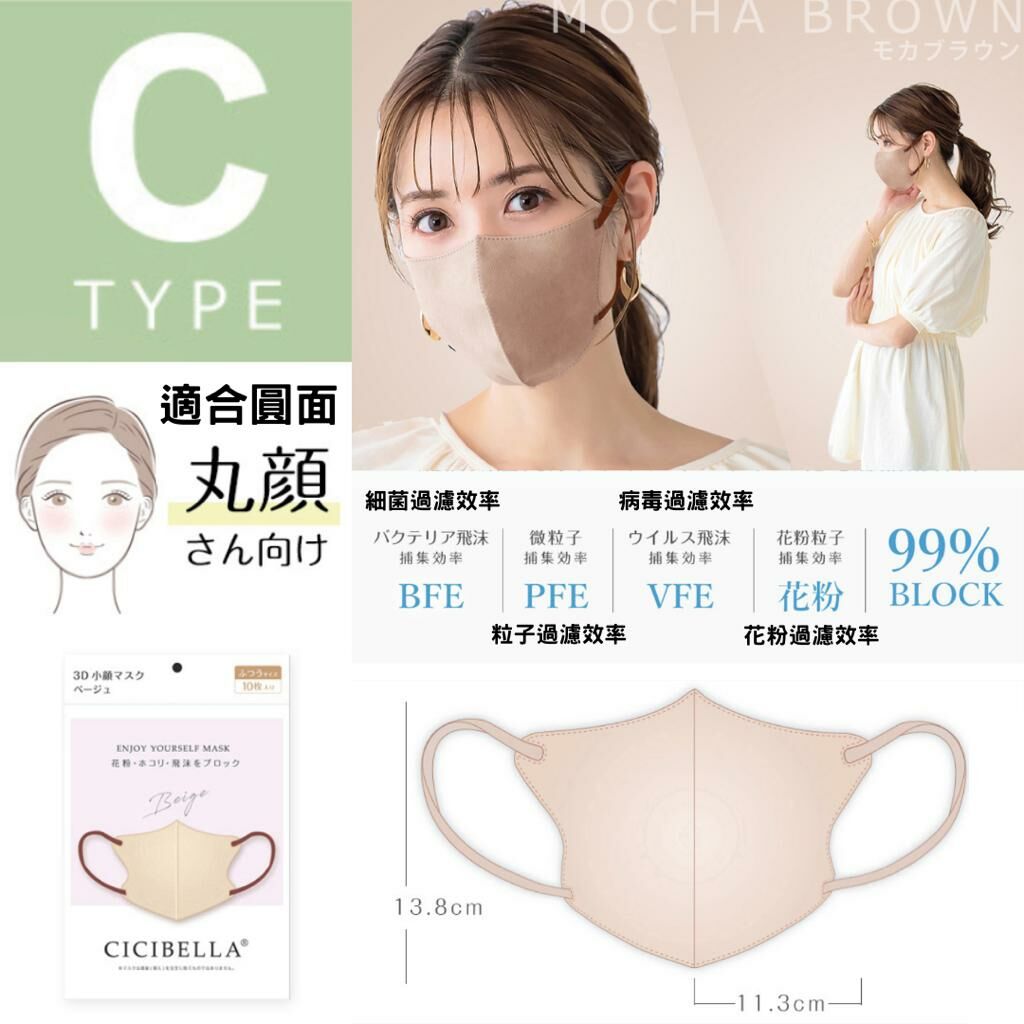 CICIBELLA - 日本超人氣口罩 CICIBELLA 3D 小顏立體口罩 10個裝 (Type A)