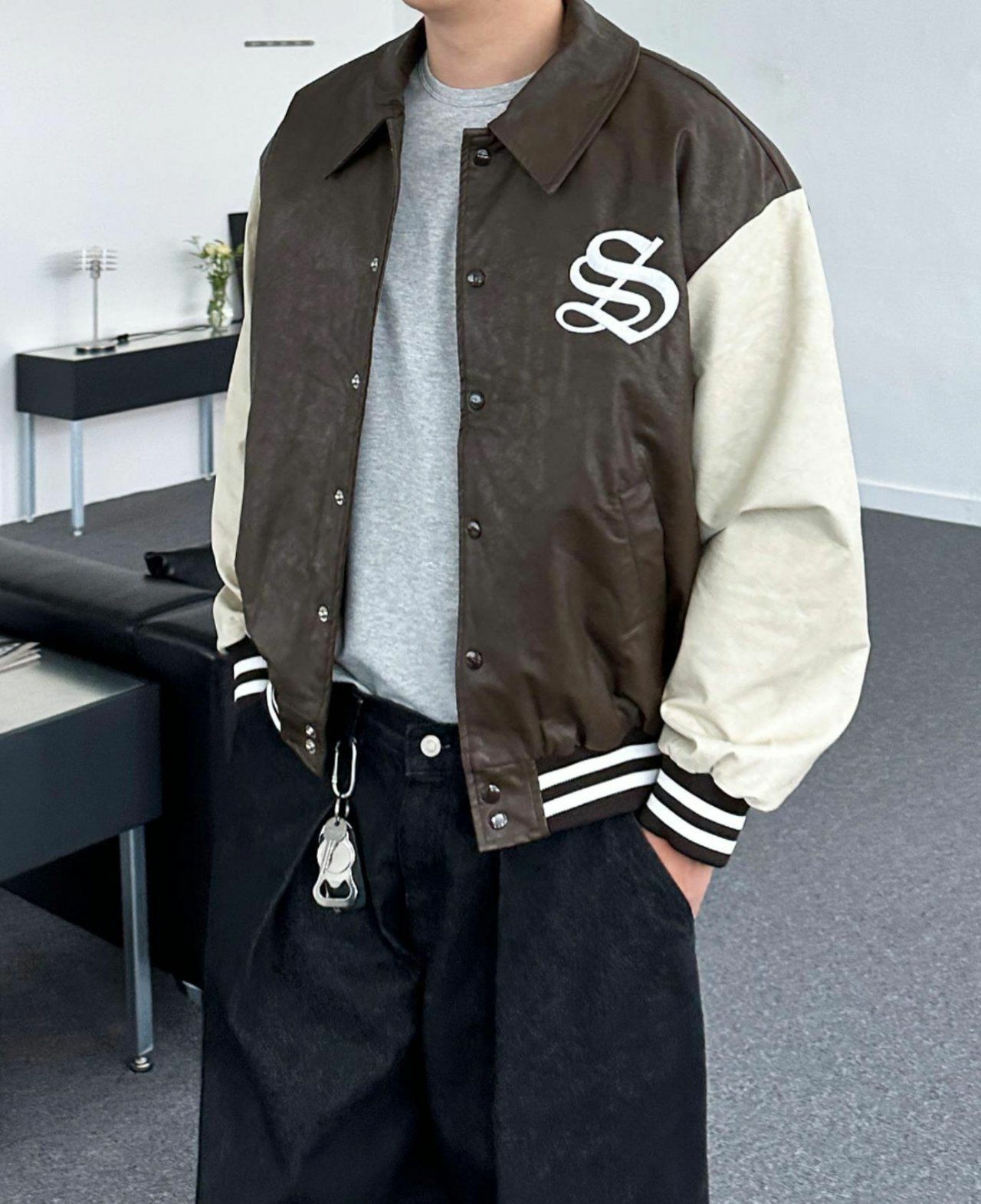 恤衫領拼色合成皮褸(薄夾棉) LOBBY-010JK