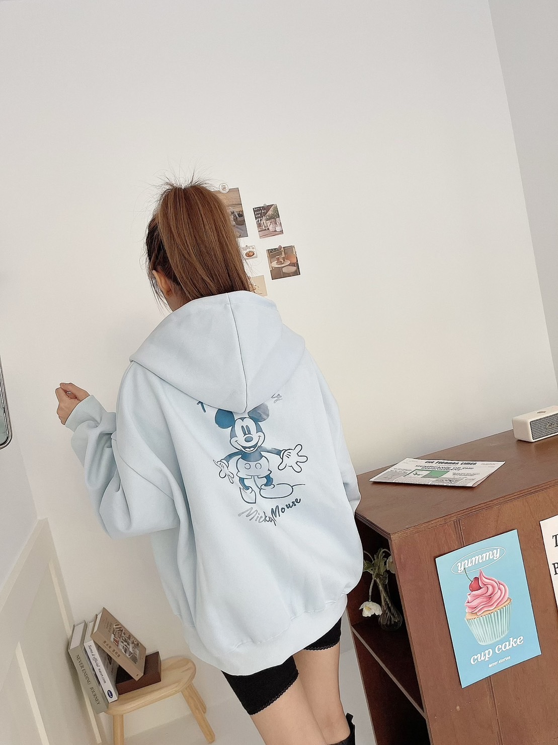 🍁09.27直播新品］💥Disney授權正版米奇］🇰🇷正韓超可愛復古印刷米奇寬鬆挺版連帽外套（顯白藍/兩色）