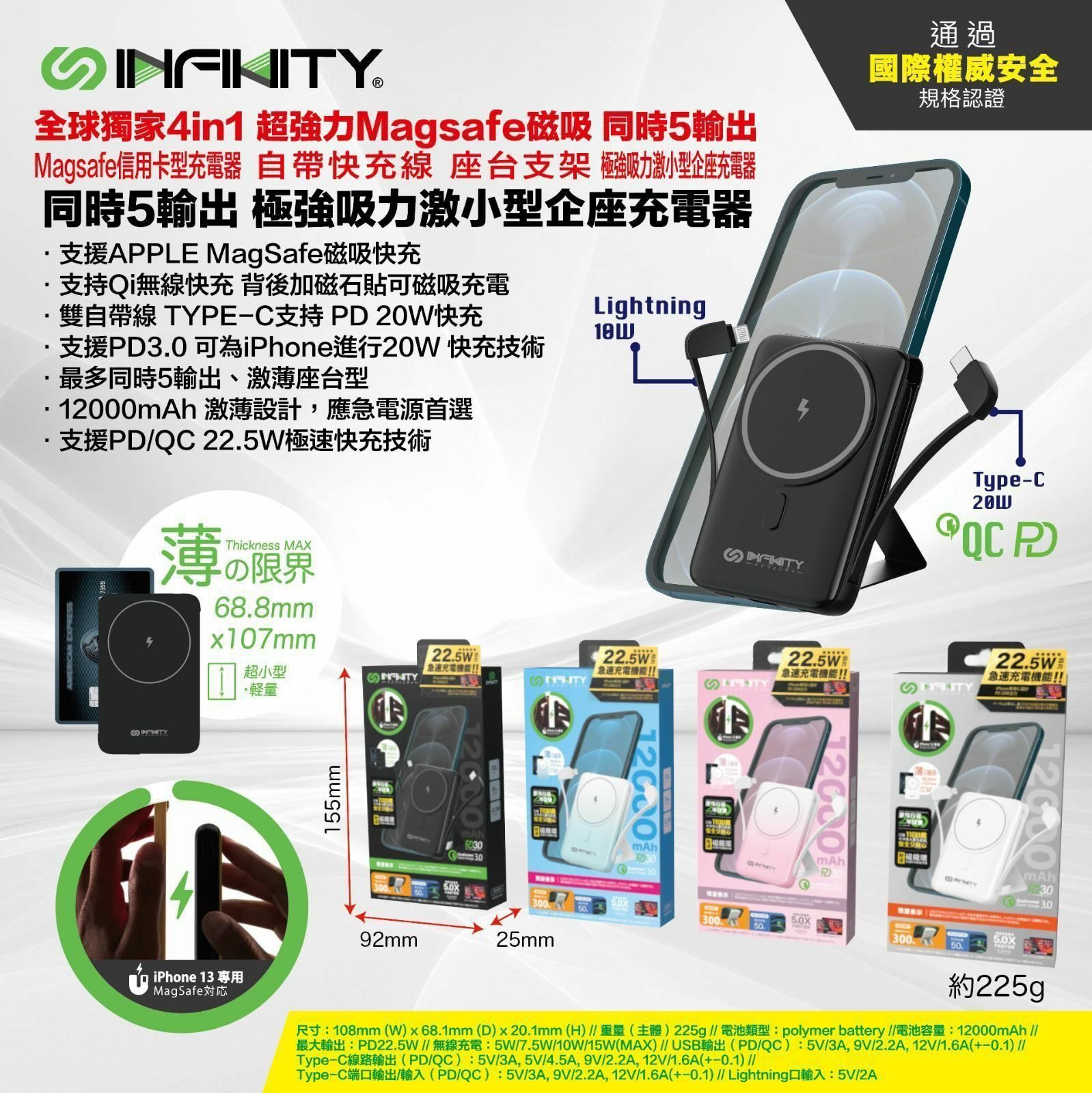 INFINITY MINI12M 12000mAh 4 in1 Magsafe信用卡型充電器