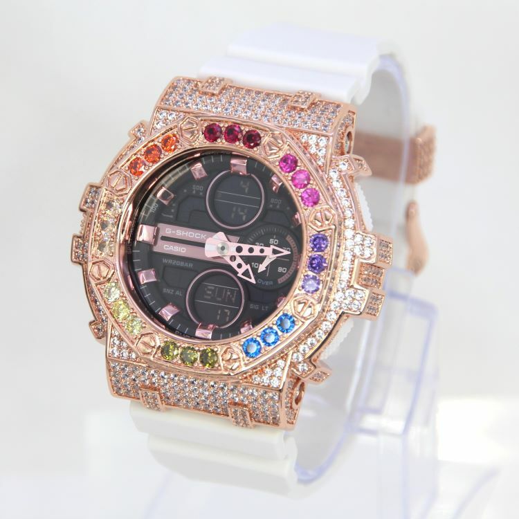 玫瑰金 Mini-G 改裝手錶 GMA-S140M-7A - 彩虹八角雙圈