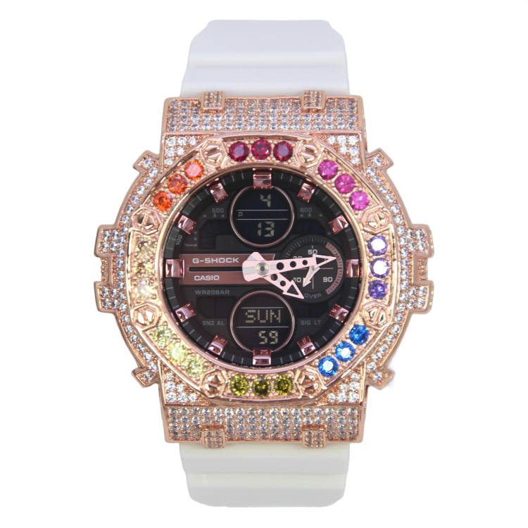 玫瑰金 Mini-G 改裝手錶 GMA-S140M-7A - 彩虹八角雙圈