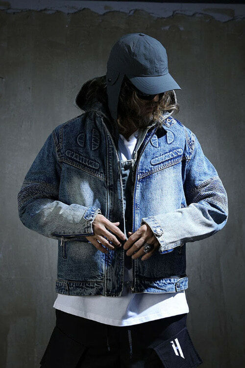 壓花面板單層騎士牛仔夾克