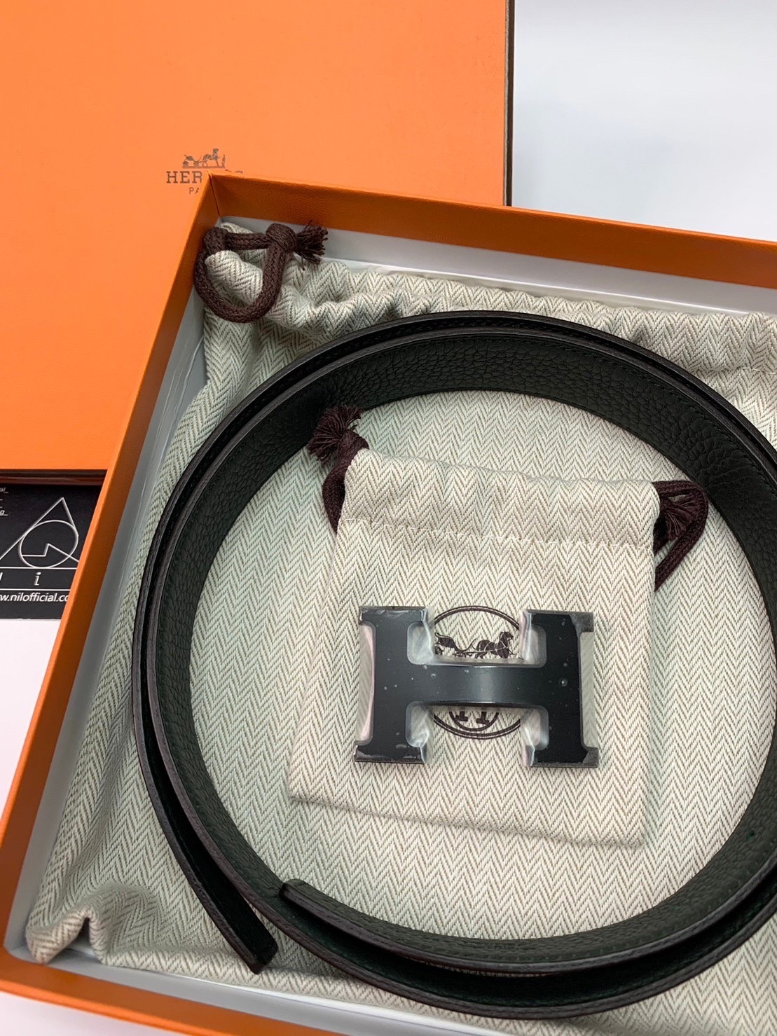 Hermes 愛馬仕 經典黑色霧面H LOGO雙面兩穿小牛皮腰帶/皮帶