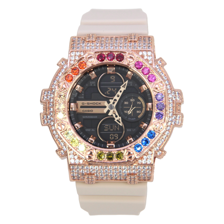 玫瑰金 Mini-G 改裝手錶 GMA-S140M-4A - 彩虹八角雙圈