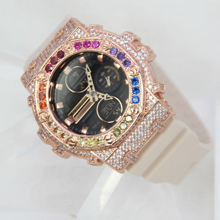 玫瑰金 Mini-G 改裝手錶 GMA-S140M-4A - 彩虹八角雙圈