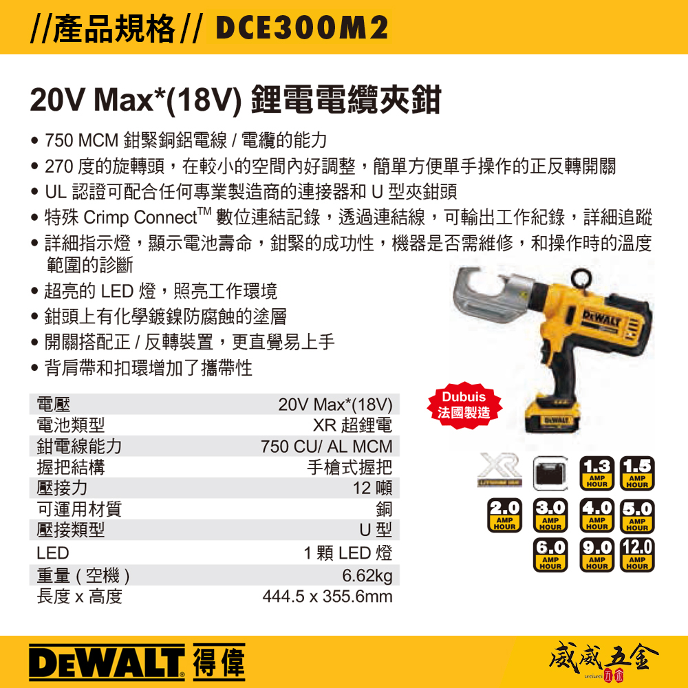 DEWALT 美國 得偉｜20V 充電式 超鋰電電纜夾鉗 雙電4.0Ah + 加贈專用模具夾頭｜DCE300M2