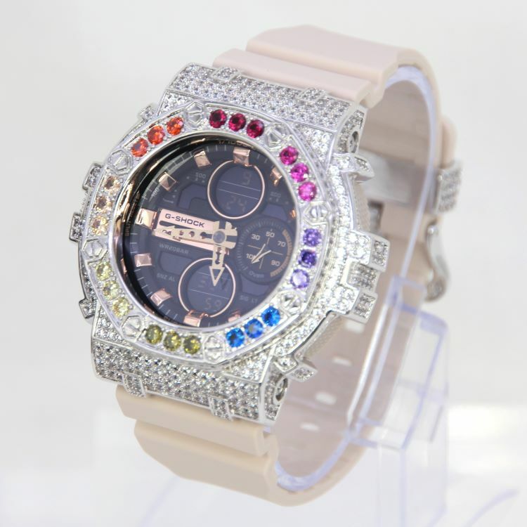 銀色 Mini-G 改裝手錶 GMA-S140M-4A - 彩虹八角雙圈