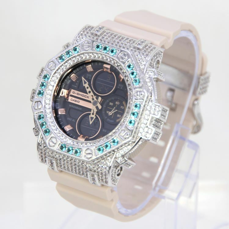 銀色 Mini-G 改裝手錶 GMA-S140M-4A - 碧藍八角雙圈