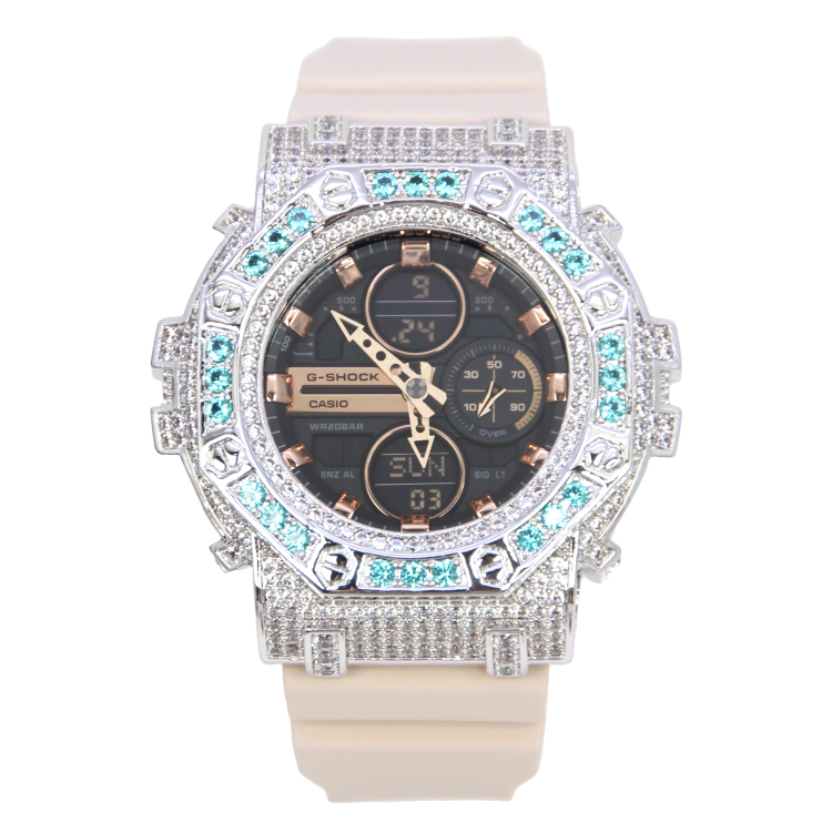 銀色 Mini-G 改裝手錶 GMA-S140M-4A - 碧藍八角雙圈