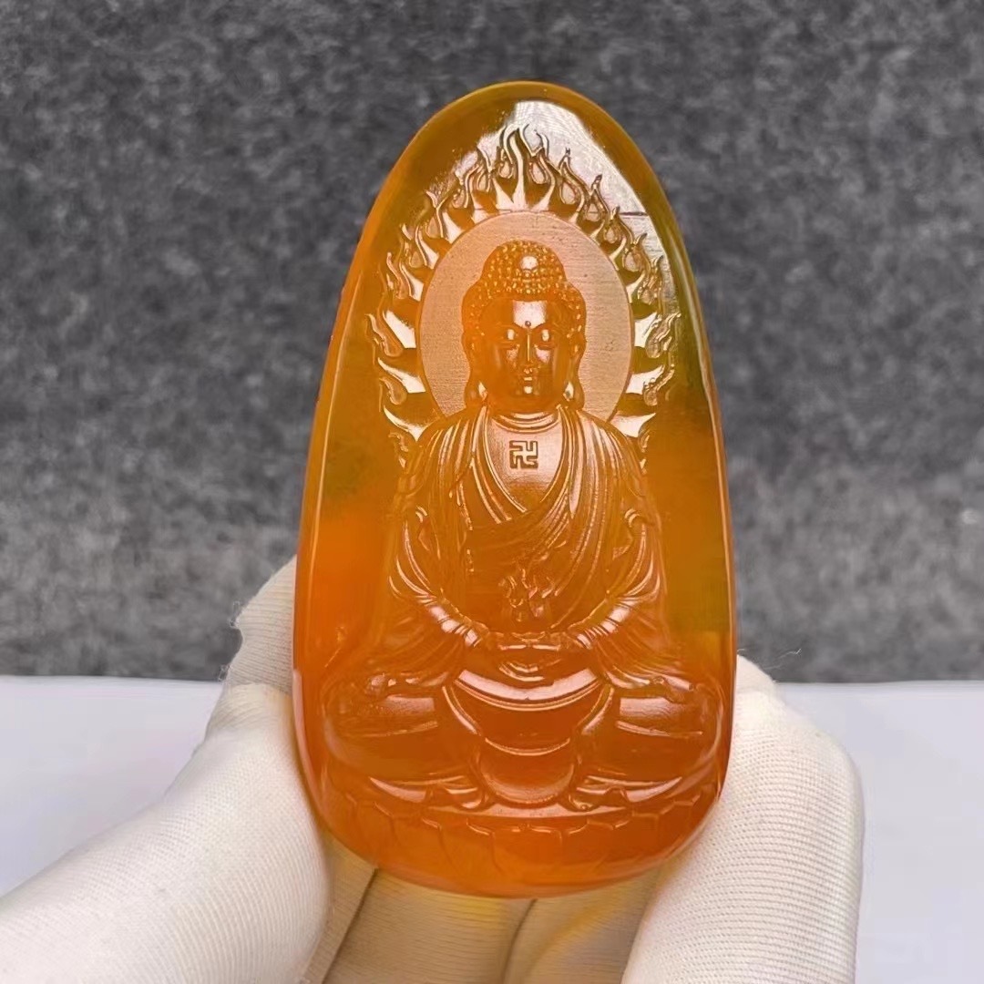 收藏款3A天然俄羅斯蜜蠟紅蜜蠟大日如來掛牌