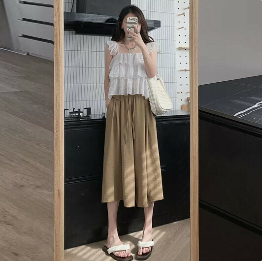 Petite skirt cotton and linen three-quarter wide-leg pants cropped pants
