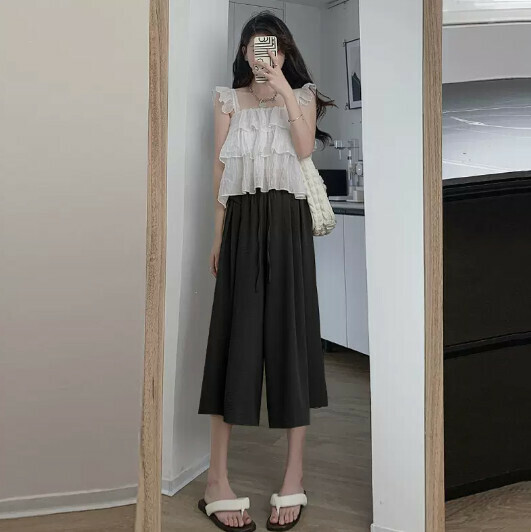 Petite skirt cotton and linen three-quarter wide-leg pants cropped pants