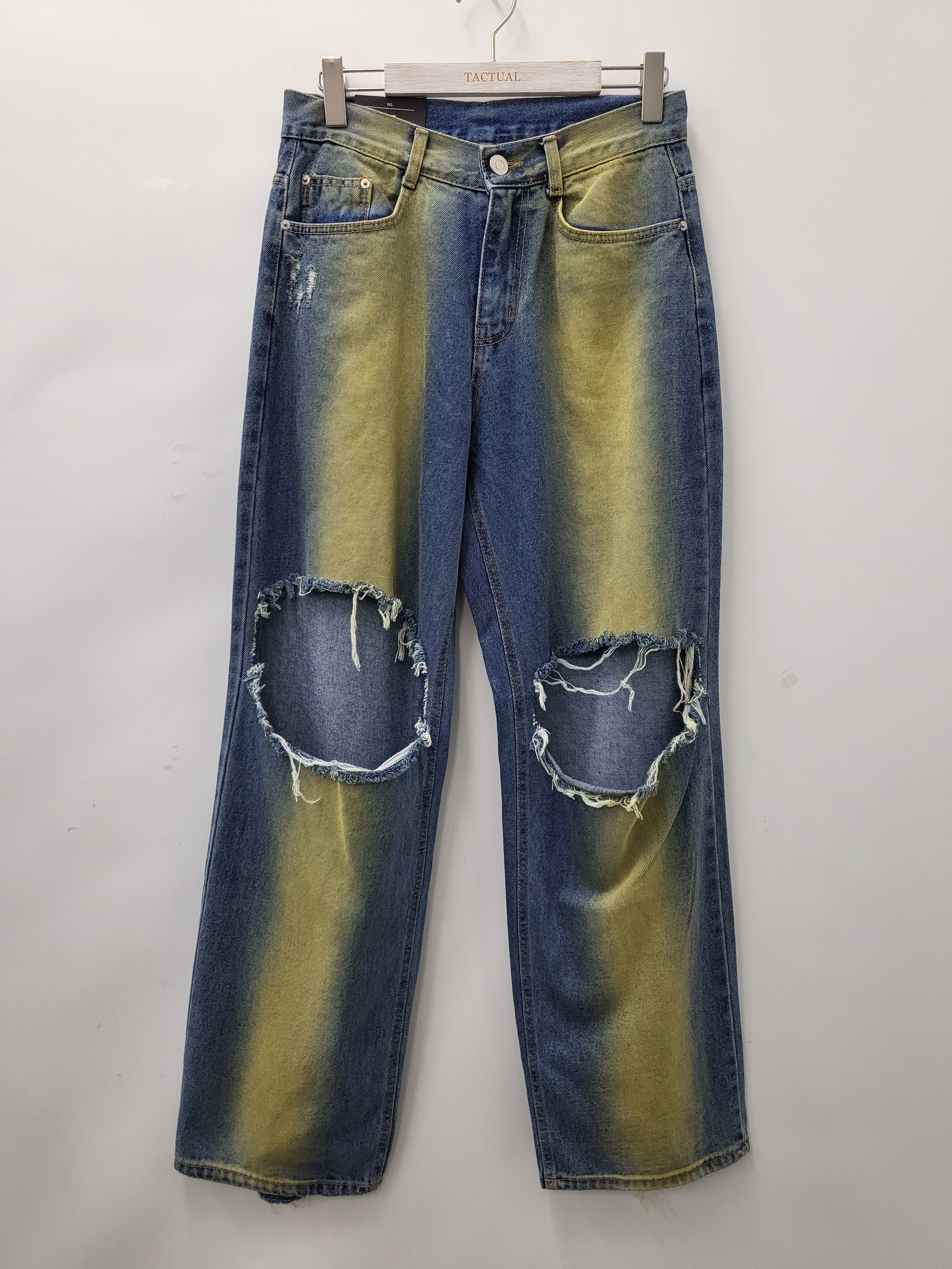 洗水拼色破洞鬆身牛仔褲 J701