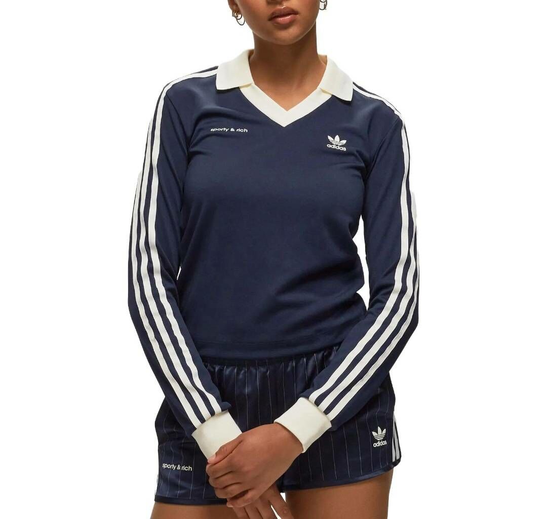 ADIDAS x SPORTY RICH 足球長袖 復古衣領 愛迪達 深藍色 女款