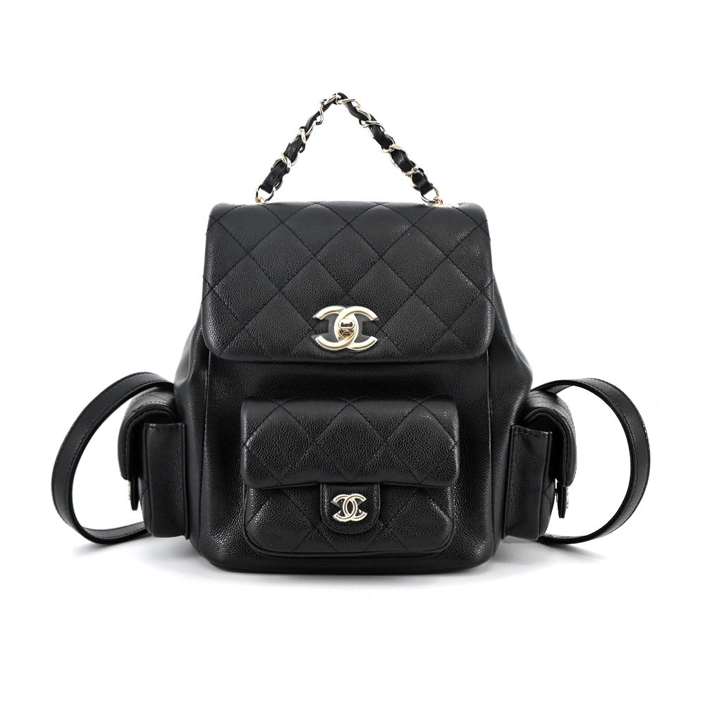 CHANEL 雙C LOGO菱格紋小牛皮雙肩後背包 (黑色)
