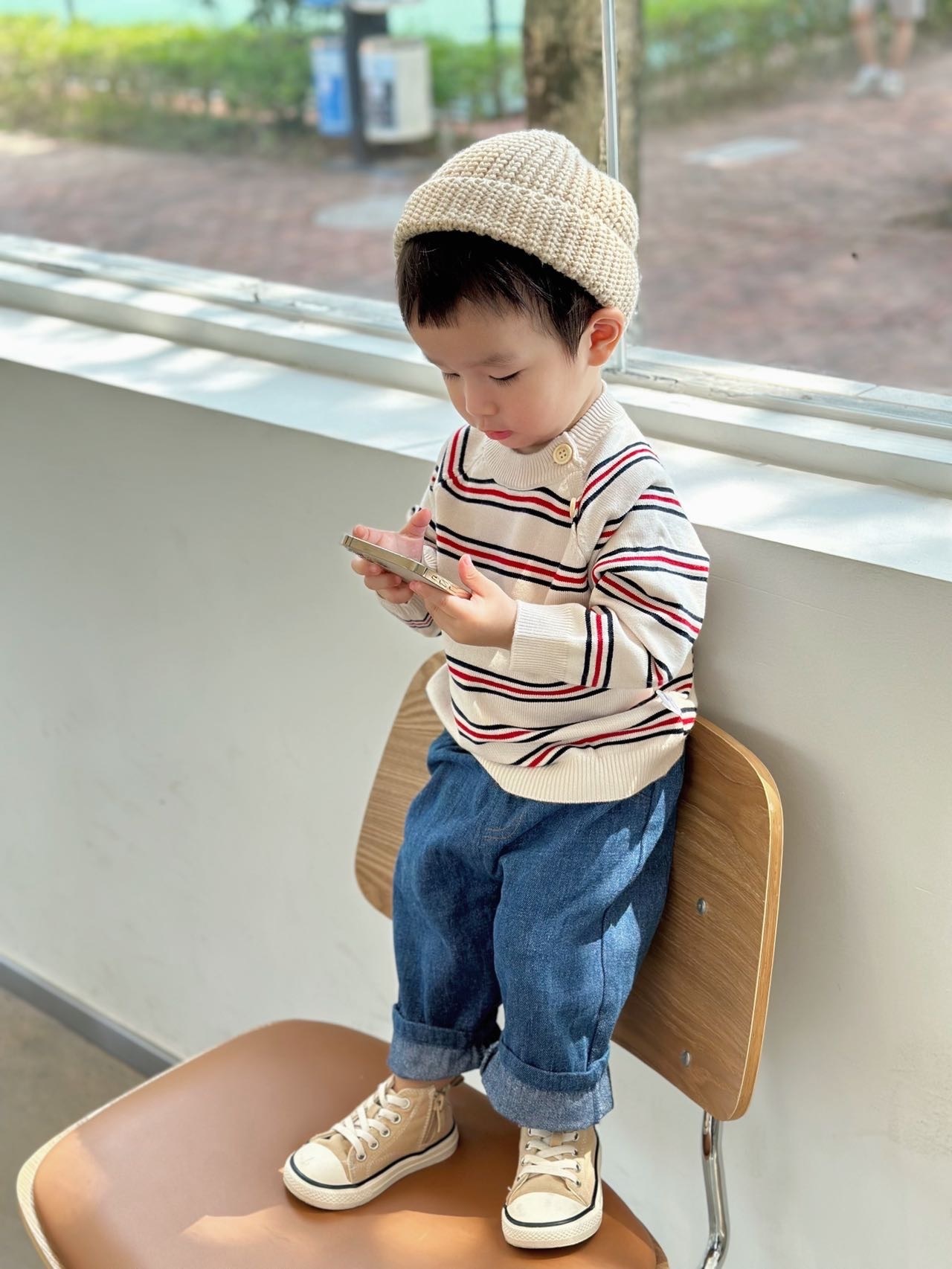 🍂 彩色條紋肩扣針織上衣