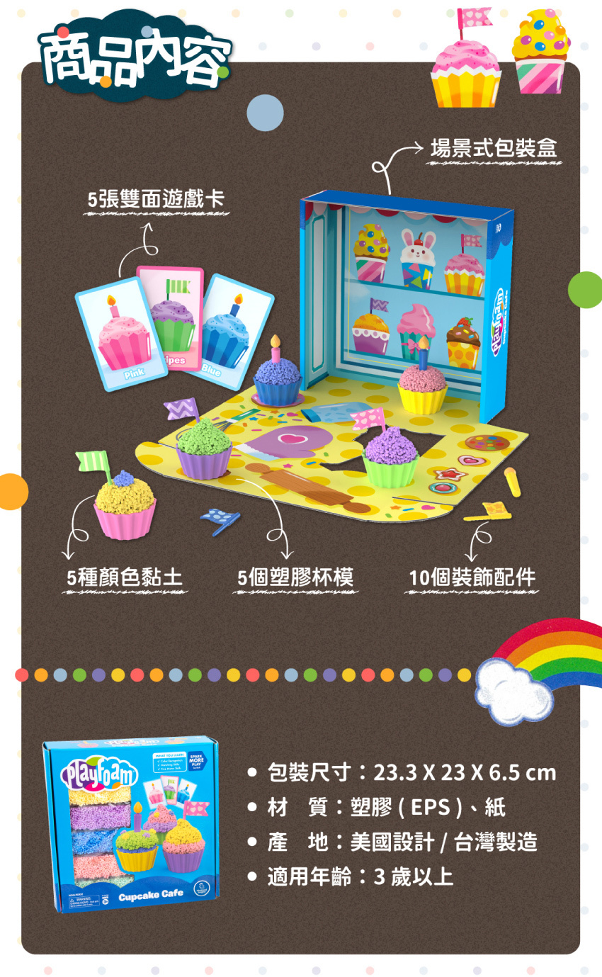 商品內容：5張雙面遊戲卡、5種顏色黏土、5個塑膠杯模、10個裝飾配件、1個場景式包裝盒。包裝尺寸：23.3X23X6.5cm，材質：塑膠(EPS)、紙，產地：美國設計/台灣製造，適用年齡：3歲以上