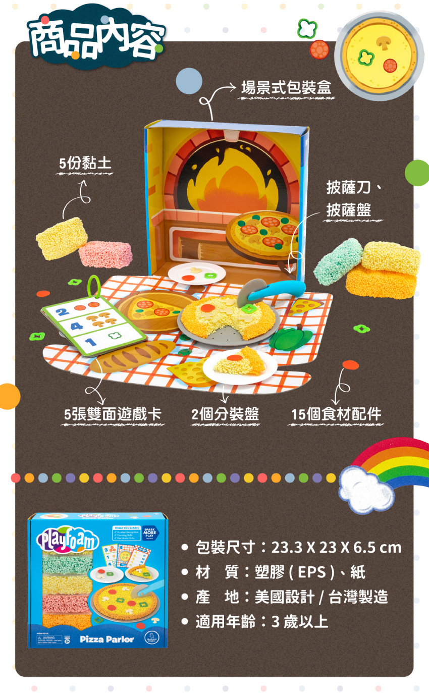 商品內容：5張雙面遊戲卡、４種顏色黏土、２個分裝盤、15個食材配件、披薩刀和披薩盤、1個場景式包裝盒。包裝尺寸：23.3X23X6.5cm，材質：塑膠(EPS)、紙，產地：美國設計/台灣製造，適用年齡：3歲以上
