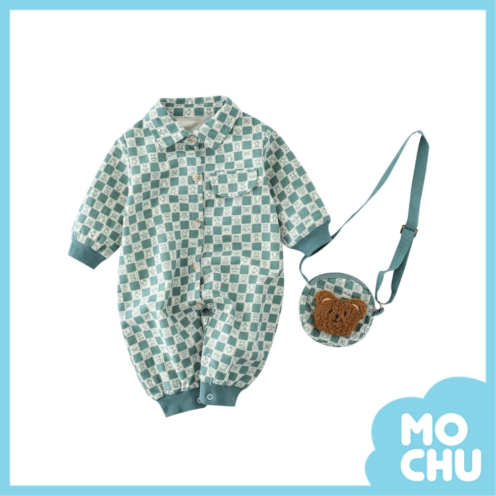 卡通格子熊長袖連身衣