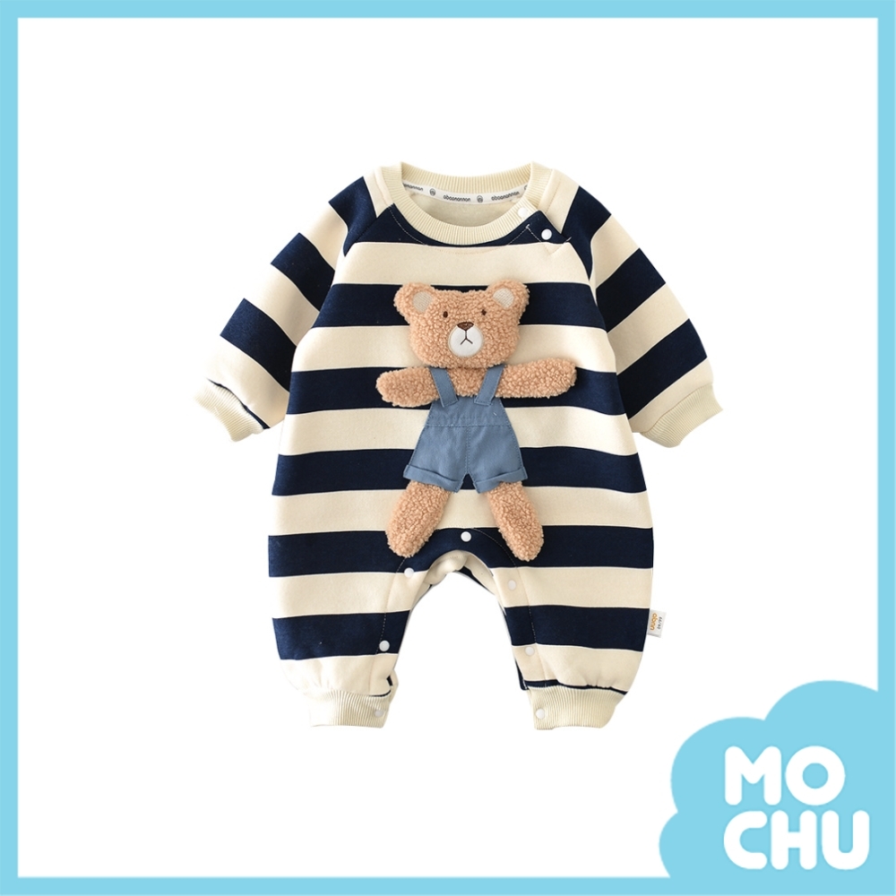 立體熊熊條紋加絨連身衣