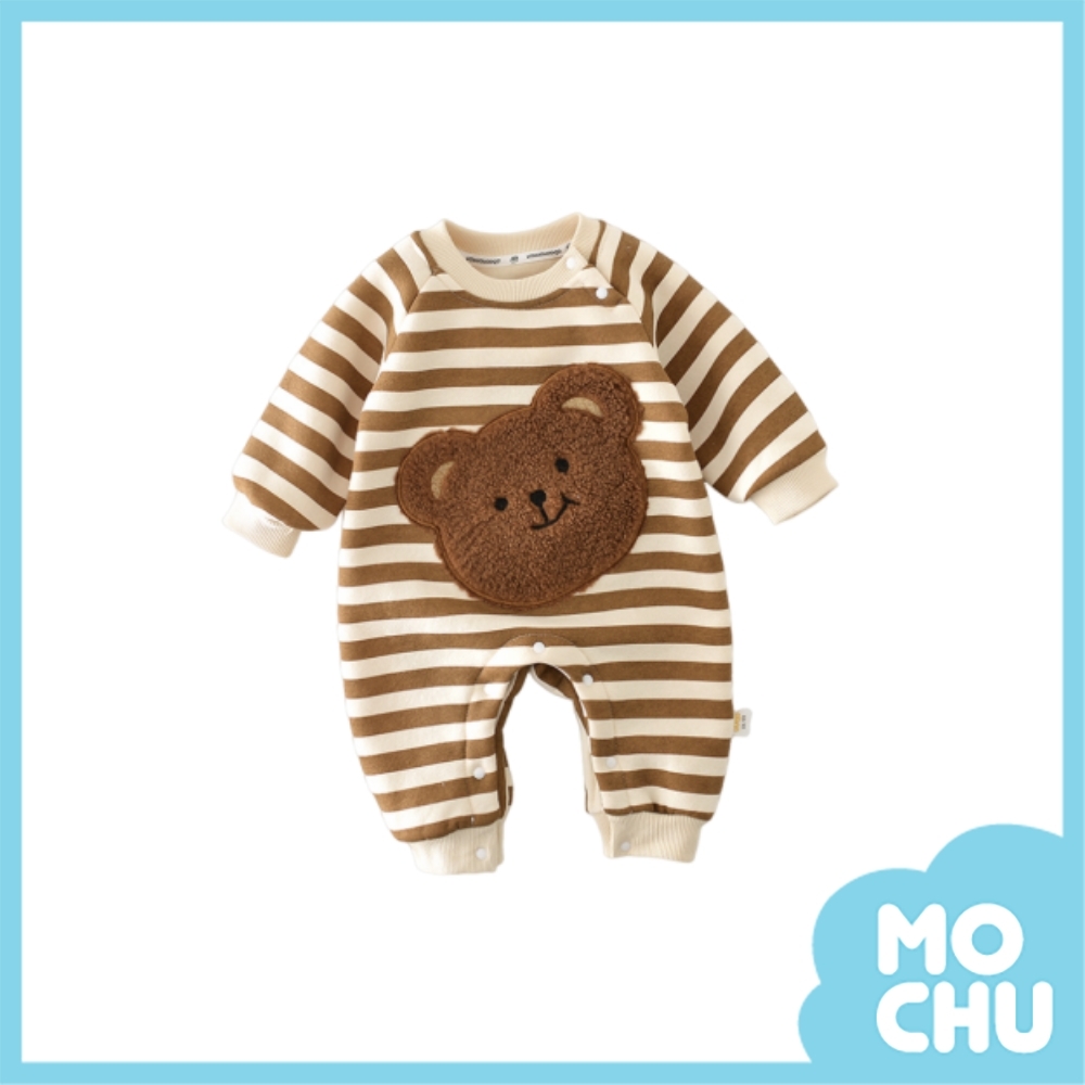 棕色條紋大頭熊加絨連身衣