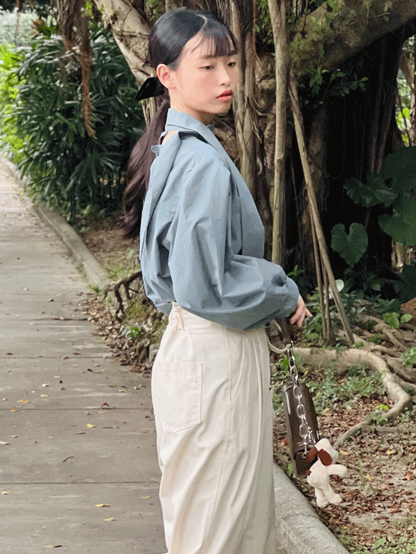[現貨] 後開抽皺領巾襯衫 [ 2色 / Free ]