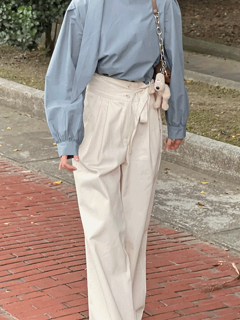 側綁帶高腰雙扣丹寧褲 [ 2色 / Free ]