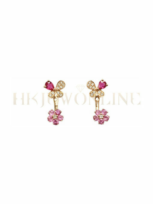 18K Rose Gold Ruby Pink Sapphire Flower Diamond Earrings ( Two-wear style )