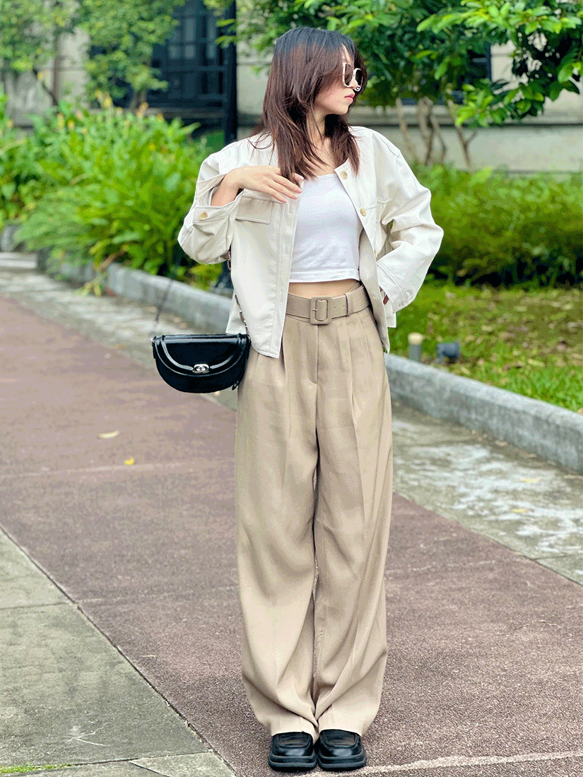 [現貨]方環寬腰帶打摺西裝寬褲 [ 3色 / S ]