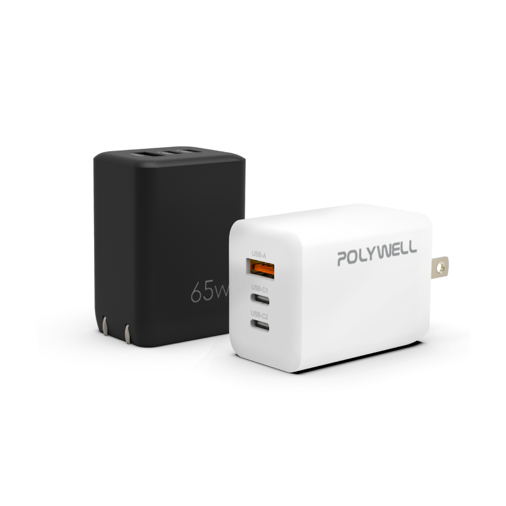 【POLYWELL】65W三孔PD快充頭 雙USB-C+USB-A充電器 GaN氮化鎵