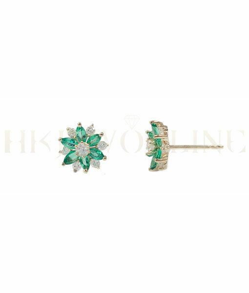 18K Yellow Gold Emerald White Sapphire  Snowflake Design Diamond Earrings
