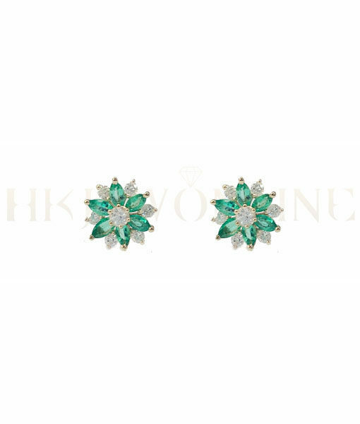 18K Yellow Gold Emerald White Sapphire  Snowflake Design Diamond Earrings