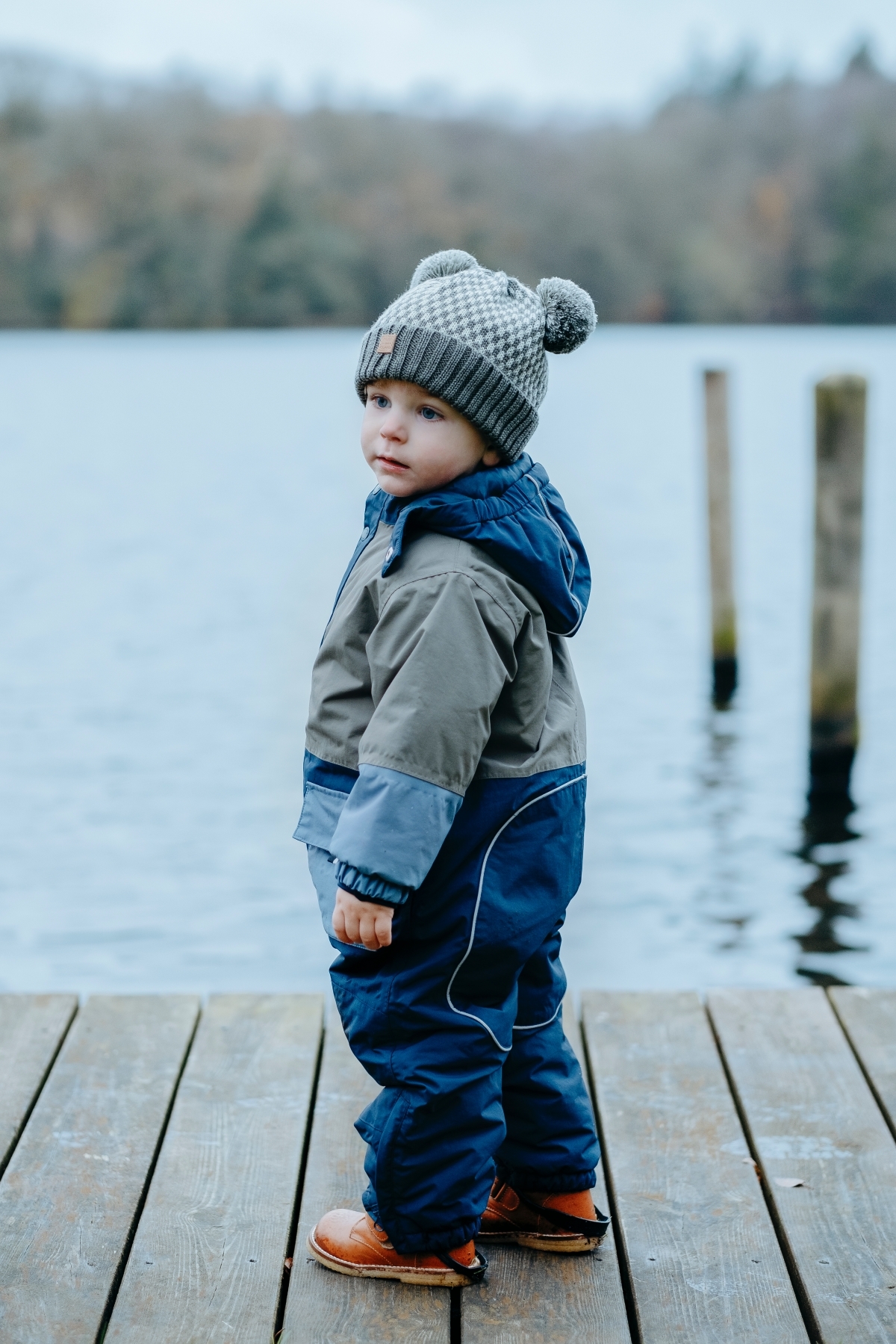 〖 Hust & Claire 〗灰綠格紋小熊羊毛針織帽