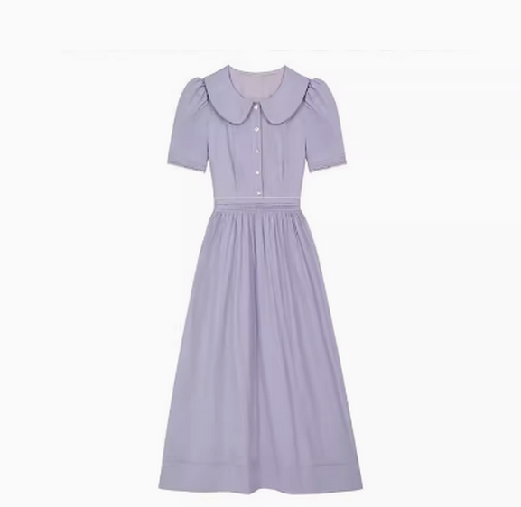 Bubble sleeved purple A-line skirt long skirt