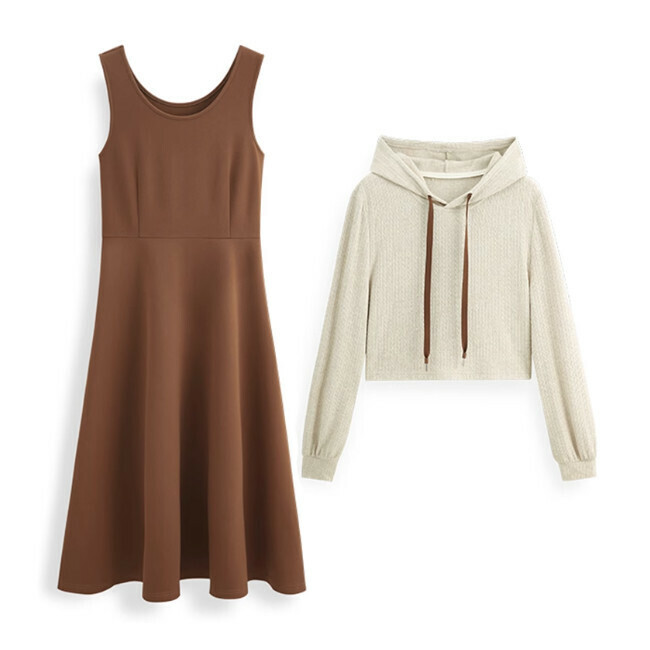 Age Reducing Suit Women's Leisure Long Sleeve Hooded Sweater with Waist Wrapped Bottom Suspended Dress
