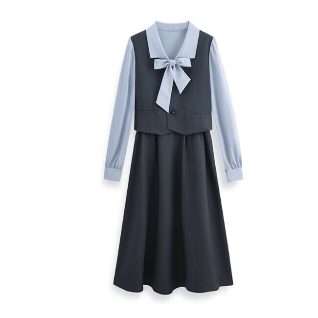 Design Fake Two Piece Long Sleeve Dress Retro Waist Style Dress