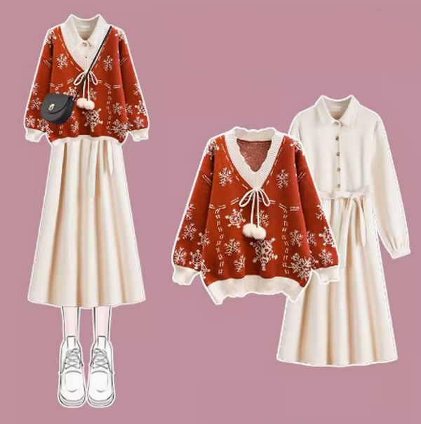 Christmas Red Knitted Sweater Dress (Red Sweater+Apricot Dress)