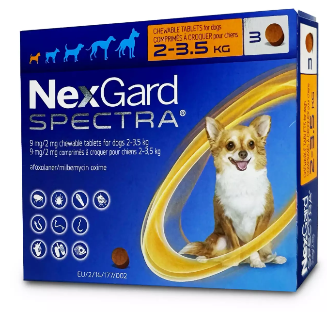 NexGard SPECTRA® 2-3.5kg 內外驅蟲 咀嚼片 $400 (預防跳蚤、牛蜱、心絲蟲、蛔蟲，鉤蟲和鞭蟲)
