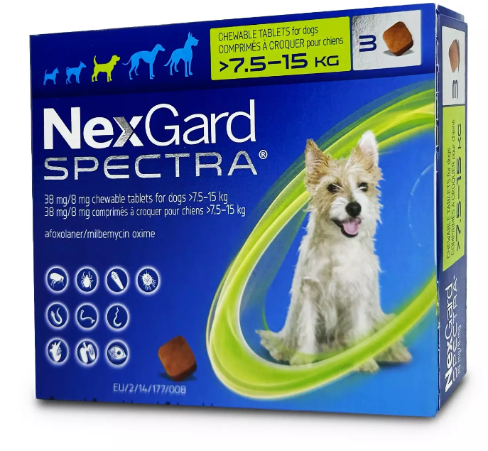 NexGard SPECTRA® 7.5-15kg 內外驅蟲 咀嚼片$ 480 (預防跳蚤、牛蜱、心絲蟲、蛔蟲，鉤蟲和鞭蟲)